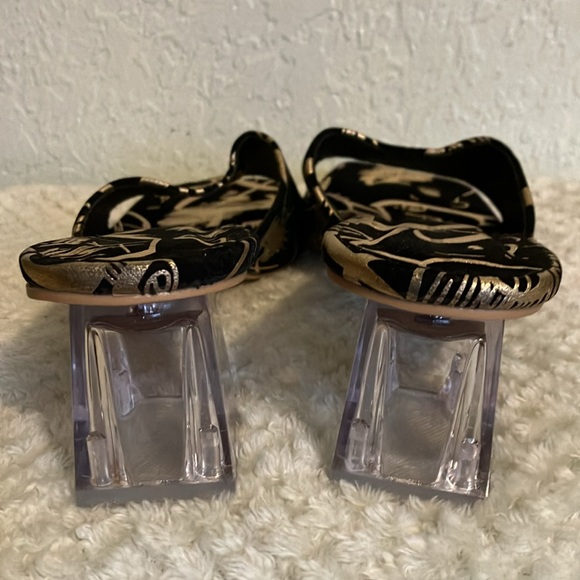 Ladies Elegant Sandal Black Velvet w/Gold Embossed Design Clear 2” Heel Slip on - Picture 7 of 7